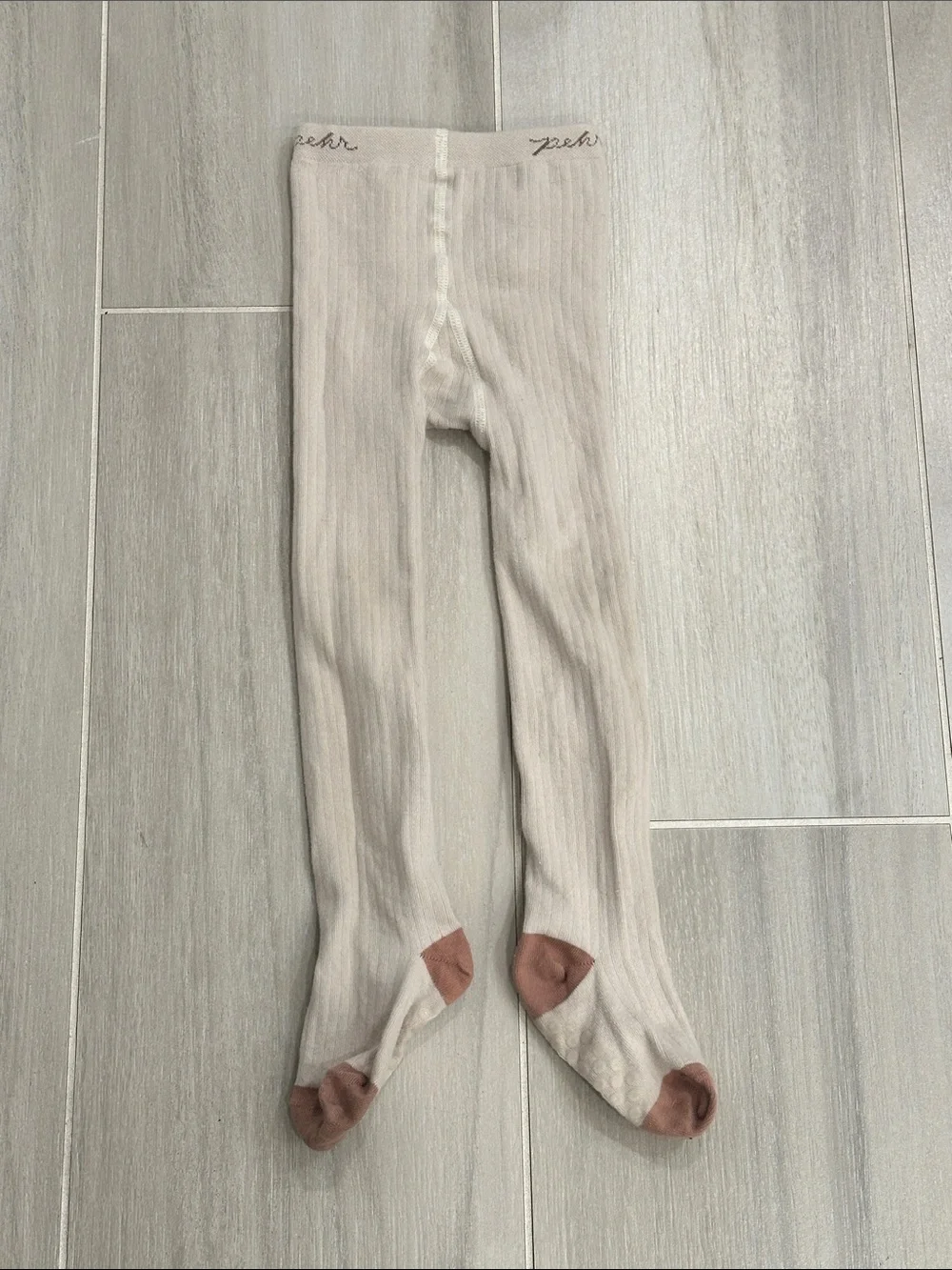 pehr 4-5T Cream Ribbed Kids Tights with Pink Heel & Toe - Grippy Bottom